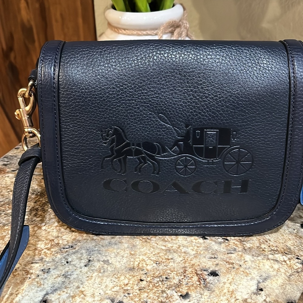 COACH EUC Saddle Leather Horse & Carriage  Crossbody Midnight Blue - Picture 2 of 10
